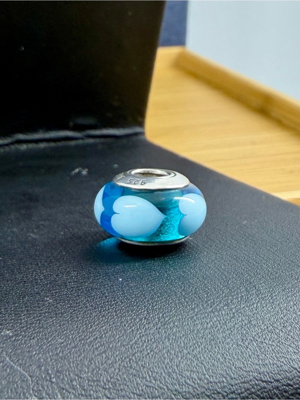 PANDORA Sterling Silver “Blue Love Hearts" Murano Glass Charm ALE 925; RETIRED